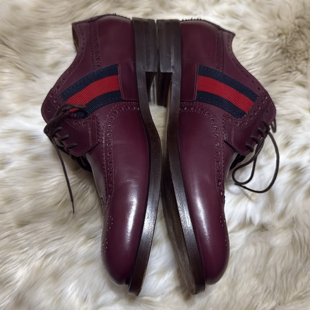 GUCCI Calfskin Web Bee Embroidered Mens Slip-On Brogue Wingtip Derby Shoes - Picture 8 of 12